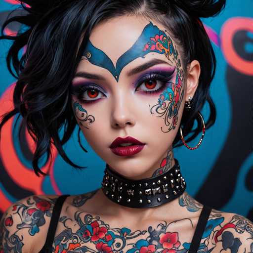 The image shows a young woman with dark hair and tattoos on her face and neck. She is wearing a black top that contrasts with the colorful background behind her. The woman's makeup features blue eyeshadow and red lipstick, adding to her striking appearance.