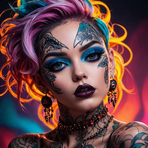 The image shows a young woman with vibrant hair and tattoos on her face and neck. She is wearing a necklace that has red beads around it. The background of the image is a gradient of colors, transitioning from orange to purple.