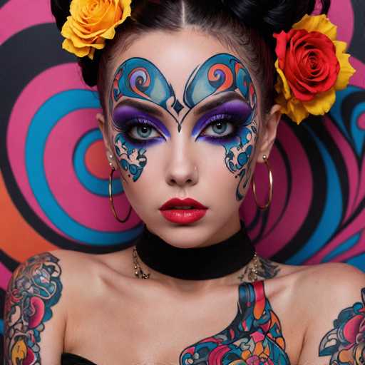 The image shows a young woman with vibrant tattoos and makeup on her face. She is wearing a black choker necklace and has colorful tattoos covering her arms and neck. The background features a pink and blue swirl pattern that complements the woman's appearance.