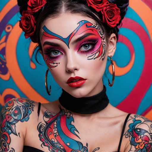 The image shows a young woman with vibrant tattoos and makeup on her face. She is wearing a black choker necklace that contrasts with the colorful background behind her. The woman's eyes are looking directly at the camera, creating an engaging connection between the viewer and the subject of the photograph.