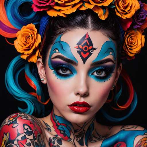 The image shows a woman with blue hair and tattoos on her face and body. She is wearing a colorful headpiece adorned with orange and yellow flowers. The background of the image is black, which contrasts with the vibrant colors of the woman's appearance.