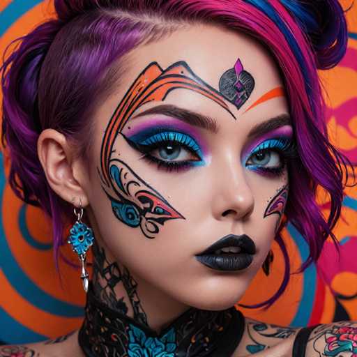 The image shows a close-up portrait of a woman with vibrant purple hair and striking blue eyes. The woman is wearing a black choker necklace that features a floral design. Her makeup includes bold blue and orange colors on her face, creating an artistic and unique look.