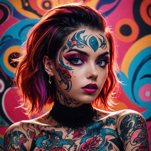 The image shows a young woman with vibrant red hair and tattoos on her face and neck. She is wearing a black choker necklace that contrasts with the colorful background behind her. The woman's makeup features intricate designs in shades of blue and purple, adding to the overall artistic style of the image.