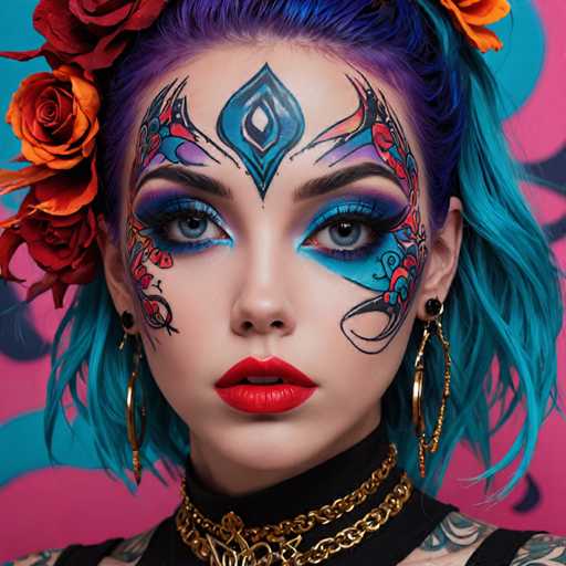The image shows a young woman with blue hair and a black top adorned with gold chains. She is wearing red lipstick and has intricate face paint featuring a large flower design on her forehead. The background features a pink and purple color scheme with orange roses scattered throughout the scene.