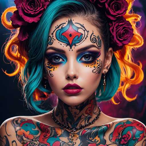 The image shows a young woman with blue hair and tattoos on her neck and shoulders. She is wearing a flower crown made of roses and has a vibrant makeup look that includes red lipstick and eye shadow. The background features a dark purple color with orange and pink hues, creating an artistic and colorful atmosphere.