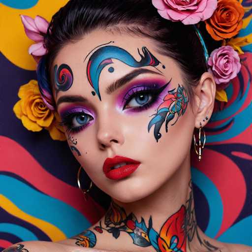 The image shows a young woman with striking makeup and tattoos on her face and neck. She is wearing red lipstick and has a flower crown on her head. The background features a vibrant mix of colors including pink, yellow, blue, green, and orange.