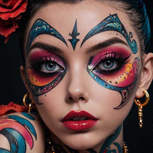 The image shows a close-up portrait of a woman with striking makeup and tattoos on her face and body. The woman's eyes are wide open, and she is wearing red lipstick that matches the color of the rose in the background. The tattooed areas include her neck and shoulders, as well as her wrists and ankles.