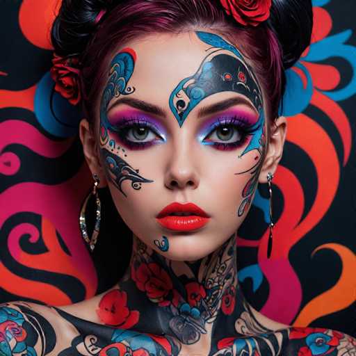The image shows a close-up portrait of a woman with vibrant tattoos on her face and body. The tattoos feature intricate designs that include flowers and leaves, adding an artistic touch to the overall appearance. The woman is wearing red lipstick and has dark hair styled in a bun adorned with flowers. She is looking directly at the camera, engaging the viewer with her captivating gaze.