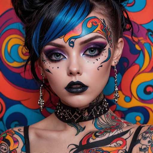 The image shows a young woman with blue hair and tattoos on her neck and shoulders. She is wearing a black tank top that contrasts with the colorful background behind her. The woman's face features a striking makeup design in shades of purple and pink, accentuated by large eyes and a dramatic winged eyeliner style.