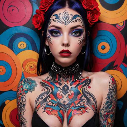 The image shows a young woman with a striking tattoo on her chest and neck. She is wearing a black bikini top and has vibrant red lipstick on her lips. The background features an abstract pattern of circles in various colors including pink, blue, yellow, and orange.