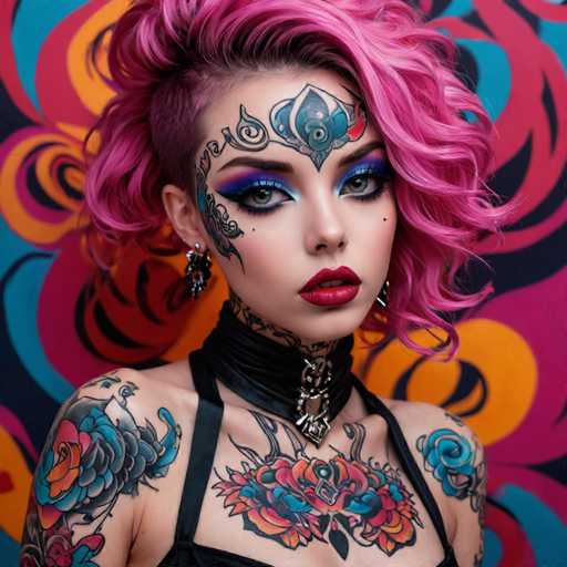The image shows a young woman with vibrant pink hair and tattoos on her chest and shoulders. She is wearing a black tank top that contrasts with the colorful background behind her. The woman's face features striking blue eyes and red lips, adding to her unique appearance.