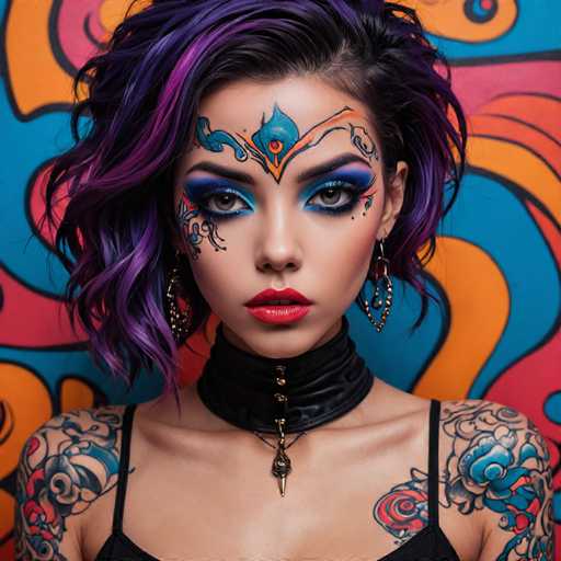 The image shows a young woman with long dark hair wearing a black tank top and earrings. She has tattoos on her arms and neck, and the background is a vibrant mix of blue, orange, pink, and yellow colors. The woman's face features a striking makeup design that includes a peacock feather as part of her eye makeup.