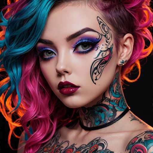 The image shows a young woman with vibrant hair colors and tattoos on her neck and shoulders. She is wearing a black choker necklace that adds an edgy element to the overall look. The background of the image is dark, which contrasts with the colorful hair and tattooed skin, making them stand out even more.