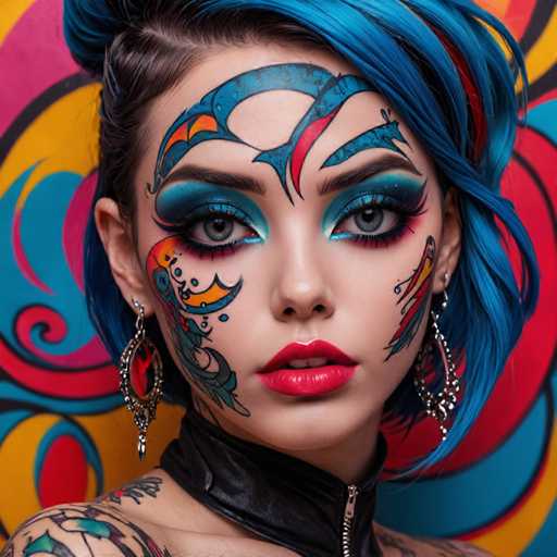 The image shows a close-up portrait of a woman with blue hair and tattoos on her face. She is wearing a black leather choker necklace that contrasts with the colorful background behind her. The woman's makeup features intricate designs in shades of red, blue, and green, adding to the overall artistic style of the image.
