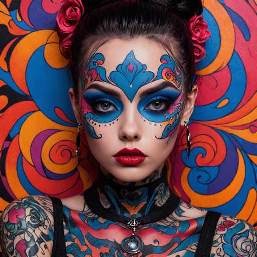 The image shows a woman with a striking blue and red face paint design on her face, including a large flower painted on her cheek. She is wearing a black top that contrasts with the vibrant colors of her makeup. The background features an abstract pattern in shades of orange and pink, which complements the overall color scheme of the woman's appearance.