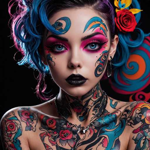 The image shows a young woman with blue hair and tattoos on her chest and neck. She is wearing a black top that contrasts with the colorful background behind her. The woman's face features striking makeup, including pink eyeshadow and red lipstick.