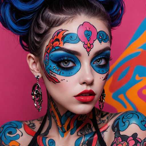 The image shows a woman with blue hair and tattoos on her face and body. She is wearing red lipstick and has a unique style that includes colorful makeup and tattoos. The background features a pink and orange patterned wall, which complements the woman's vibrant appearance.