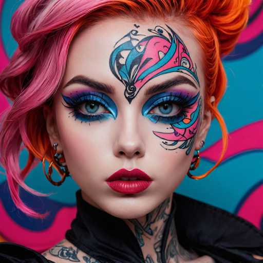 The image shows a young woman with vibrant red hair and striking blue eyes wearing an eye-catching makeup design on her face. The makeup features a combination of pink, blue, and black colors that create a unique and artistic look. The woman is dressed in a black top, which contrasts with the colorful makeup and adds to the overall visual impact of the image.
