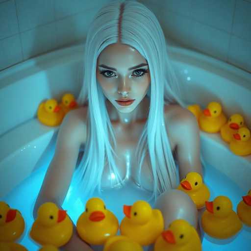 A woman with blonde hair is sitting in a bathtub filled with yellow rubber ducks.