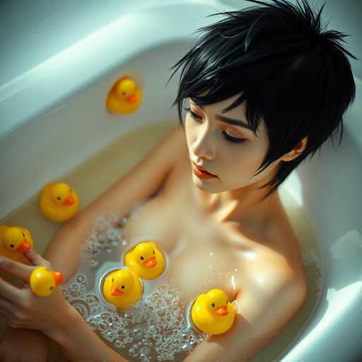 A young woman with black hair is sitting in a bathtub filled with yellow rubber ducks.
