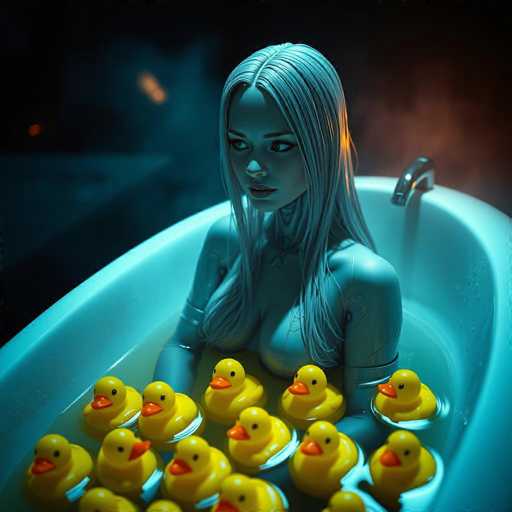 A woman with long blonde hair is sitting in a bathtub filled with yellow rubber ducks.