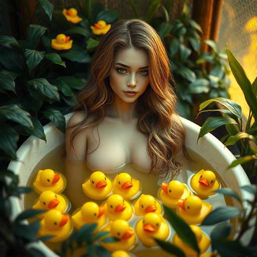 A woman with long brown hair is sitting inside a white bathtub filled with yellow rubber ducks arranged in various positions and sizes.