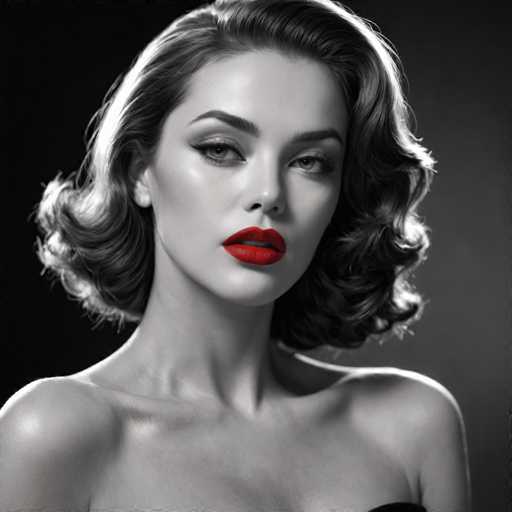 A woman with long brown hair and a red lipstick is the main subject of this black and white portrait. She has her shoulders back and her chin resting on her hand, giving off an air of confidence and elegance. The background is a stark contrast to her figure, featuring a dark gray color that further accentuates her presence in the image.