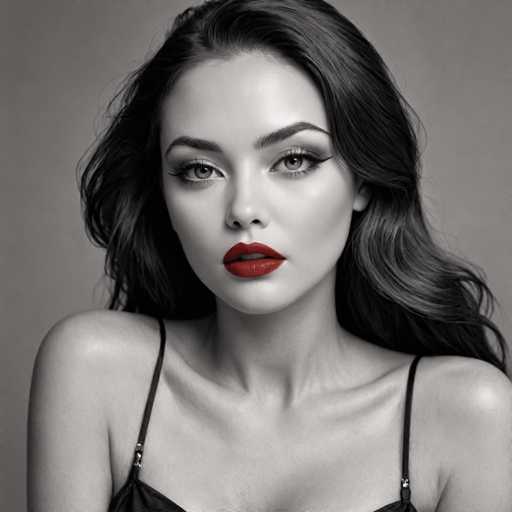 The image shows a woman with long dark hair wearing a black dress and red lipstick. The photo is taken from the front side of her body, looking at her face.