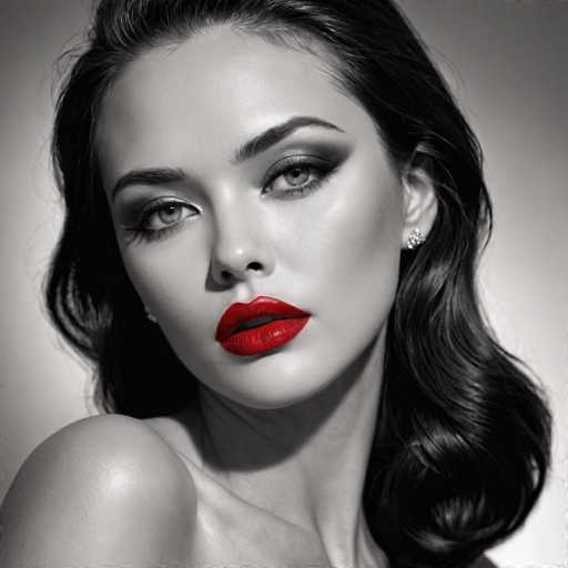 A woman with long dark hair is the central figure in this black and white portrait. She has striking red lips that contrast sharply against her skin tone. The background is a plain gray color, which further accentuates the woman's features. There are no texts or other objects present in the image.