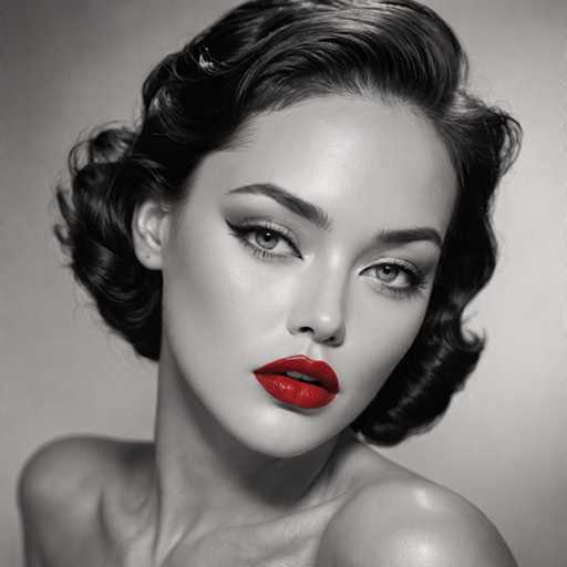 A woman with short black hair and striking red lipstick is the central figure in this monochrome image. She has a serious expression on her face as she gazes directly into the camera. The background of the image is a plain white wall that contrasts sharply with the woman's dark hair, making her stand out even more.