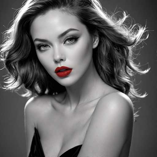 The image is a black and white portrait of a woman with long hair styled in loose waves. She has striking red lipstick on her lips and is wearing a strapless dress that accentuates her shoulders. The background is a solid gray color, which contrasts with the woman's vibrant attire and adds depth to the composition.