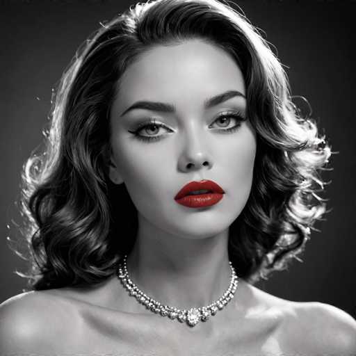A woman with long dark hair is the central figure in this black and white portrait. She is wearing a necklace that features a large diamond pendant. The background of the image is a solid gray color, which contrasts with her dark hair and highlights her as the main subject of the photograph.