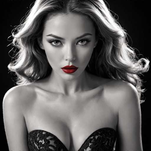 The image shows a woman with blonde hair and striking red lipstick against a black background. She is wearing a strapless dress that accentuates her figure. The photo has a vintage feel to it, suggesting it might be from the early 20th century or an artistic representation of that era.