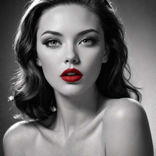 The image shows a close-up portrait of a woman with long dark hair and striking red lipstick. The woman is the central figure, positioned against a stark black background that contrasts sharply with her features. Her gaze is directed off to the side, adding an air of mystery or intrigue to the scene.