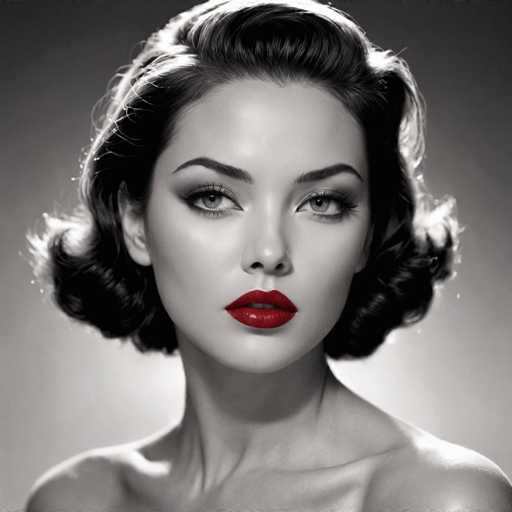 The image shows a close-up portrait of a woman with striking red lipstick and black hair styled into an elegant updo. The background is a stark white, which contrasts sharply with the woman's vibrant appearance.