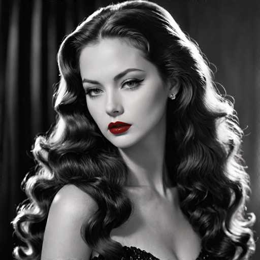 A woman with long dark hair is the central figure in this black and white image. She has striking red lips that contrast sharply against her dark hair. The background features a blurred curtain, adding depth to the scene.