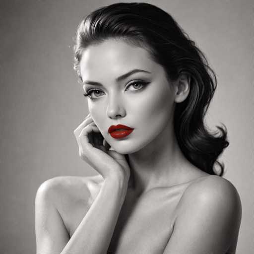 A woman with long dark hair is captured in a close-up portrait against a plain gray background. She has her hand on her face and is wearing red lipstick that contrasts sharply with the monochrome setting. The image does not contain any discernible text or other objects, making it a simple yet striking visual composition.