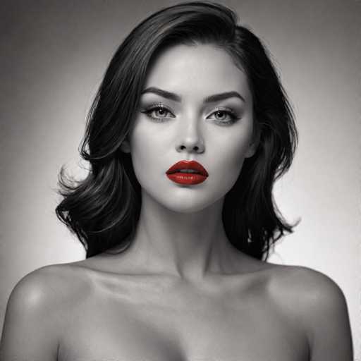 A woman with long dark hair and striking red lipstick is captured in a black and white portrait. The image focuses on her face, highlighting the bold red lips that contrast against the stark white background. Her gaze is directed straight at the camera, creating an engaging visual connection between the subject and the viewer.