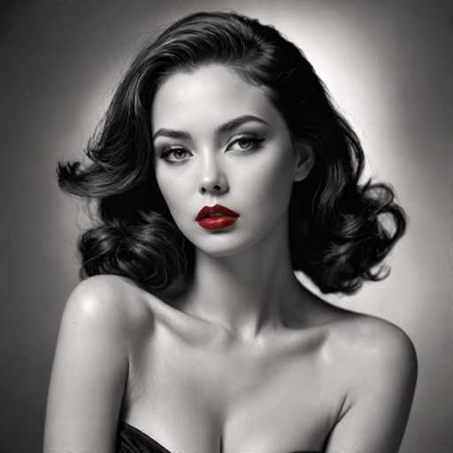A woman with long dark hair is captured in a black and white portrait. She has her shoulders back and her chin resting on her hand, giving the impression of a poised and elegant pose. The background is a simple gray color that contrasts with the woman's dark hair, making her stand out even more.