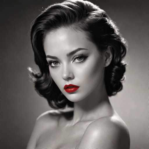 A woman with shoulder-length black hair is captured in a close-up portrait against a stark gray background. She wears a red lipstick and has her eyes looking directly at the camera. The image does not contain any text or other objects, focusing solely on the woman's features and expression.