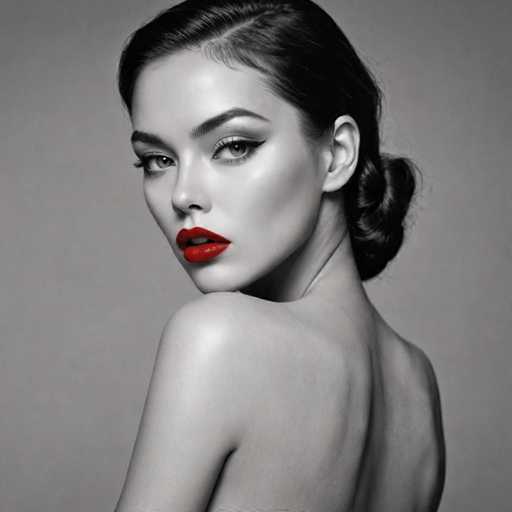 The image shows a woman with long dark hair wearing a red lipstick and has her back facing the camera. The background is black and white, which gives the photo a classic or vintage feel.