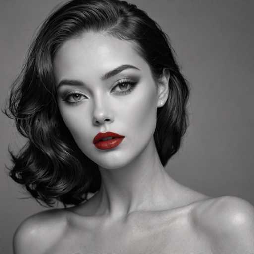 The image is a black and white portrait of a woman with long dark hair styled in loose waves. She has striking red lipstick on her lips and is looking directly at the camera. The background is plain gray, which contrasts with the woman's vibrant appearance.