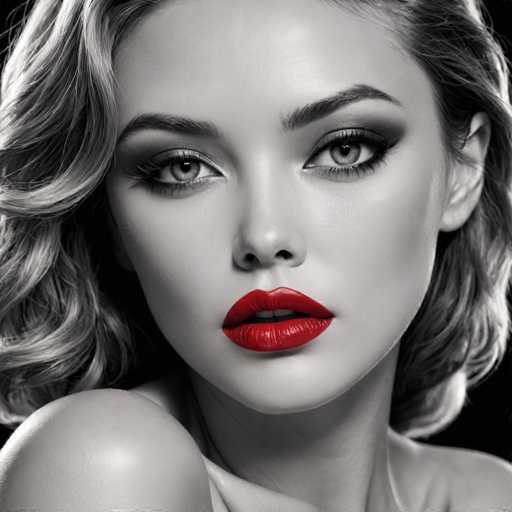 The image is a black and white portrait of a woman with blonde hair styled in loose curls. She has striking red lipstick on her lips and is looking directly at the camera. The background is dark, which contrasts with the lighter features of the woman's face and highlights her appearance.
