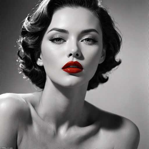 A woman with short hair and a red lipstick is the main subject of this black and white portrait. She has her shoulders back and her chin resting on her hand, giving off an air of confidence and elegance. The background is plain gray, which contrasts nicely with the woman's vibrant appearance.