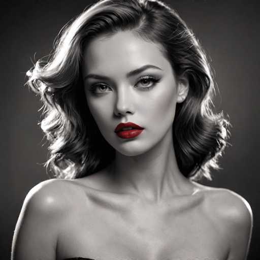 A woman with long brown hair and striking red lipstick is the central figure in this black and white portrait. She has a serious expression on her face as she gazes directly into the camera. The background of the image is a stark gray color that contrasts sharply with the woman's vibrant appearance, making her stand out even more.
