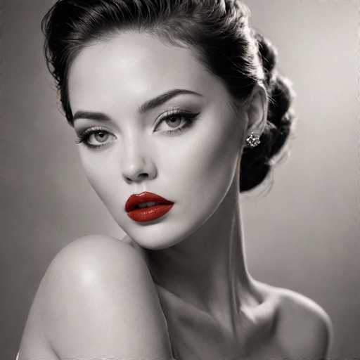 A woman with striking red lipstick and a black and white portrait style is the central figure in this image. She has her hair styled in an elegant updo that adds sophistication to her overall appearance. The background of the image is a simple gray color, which contrasts nicely with the woman's vibrant red lips and highlights her features.