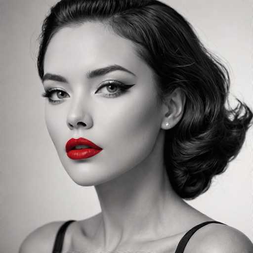 A woman with long dark hair is the central figure in this black and white portrait. She has striking red lips that contrast sharply against her skin tone. The background is a plain white wall, which further accentuates the subject's features. There are no other objects or people visible in the image.