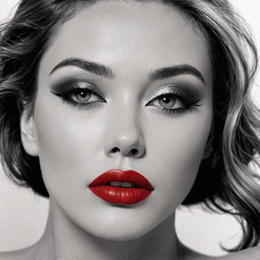 The image is a black and white portrait of a woman with striking red lips and eyes. The focus is on her face, which is the central element of the composition. The background is plain white, putting all attention on the subject.