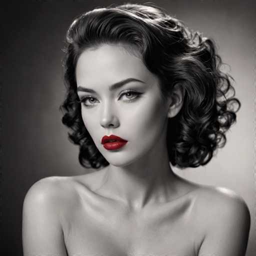 A woman with long dark hair and a red lipstick is the central figure in this black and white portrait. She has her shoulders back and her chin resting on her hand, giving off an air of confidence and elegance. The background is a simple gray color that contrasts with the woman's vibrant appearance, making her stand out even more.