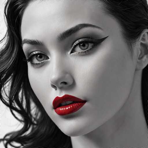 A woman with long dark hair is the central figure in this black and white image. She has striking red lips that contrast sharply against her skin tone. The background of the photo is a stark white, which further accentuates the woman's features. The image does not contain any text or other discernible objects, making it a simple yet powerful portrait.